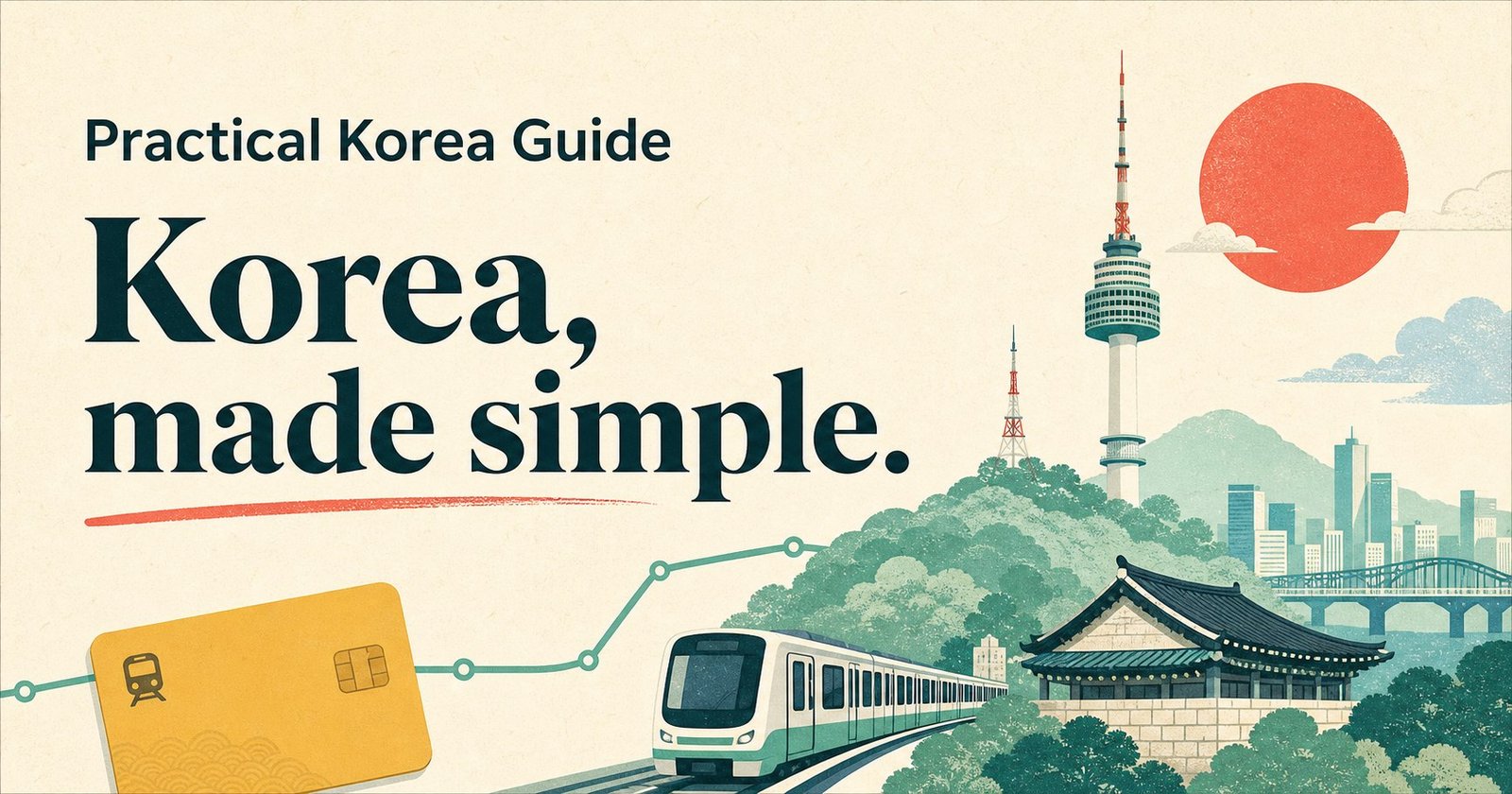Practical Korea Guide banner featuring N Seoul Tower, a Seoul subway train, a transit card, traditional architecture, and the words Korea made simple.