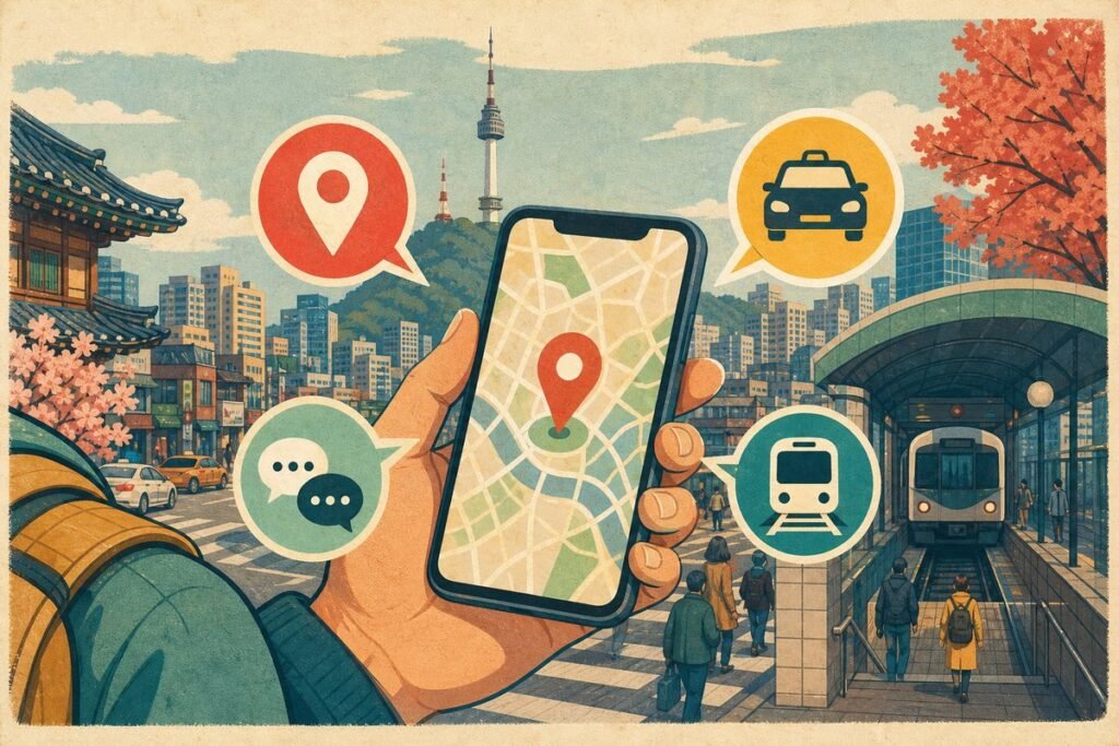 Traveler using essential Korean map, taxi, translation, and train apps on a smartphone