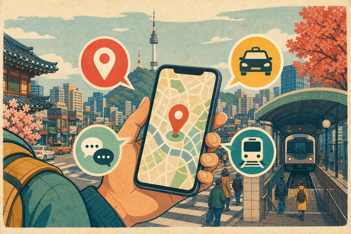 Traveler using essential Korean map, taxi, translation, and train apps on a smartphone