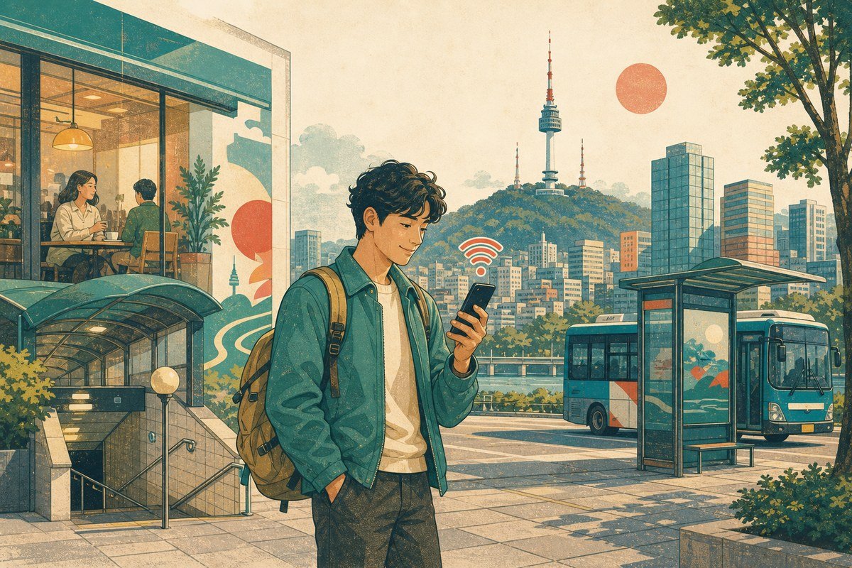 Traveler using free public Wi-Fi near a Seoul subway station and bus stop