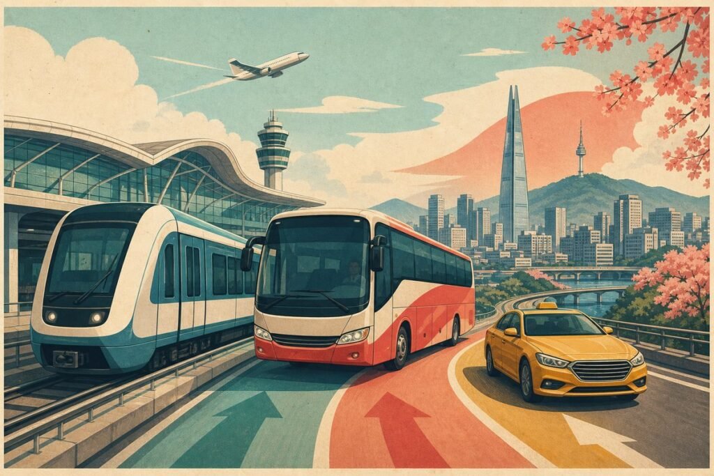Traveler comparing the AREX train, airport bus, and taxi options from Incheon Airport to Seoul