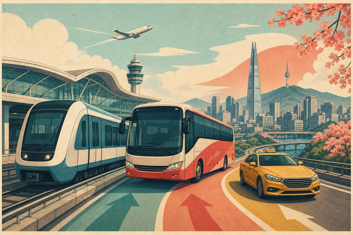 Traveler comparing the AREX train, airport bus, and taxi options from Incheon Airport to Seoul
