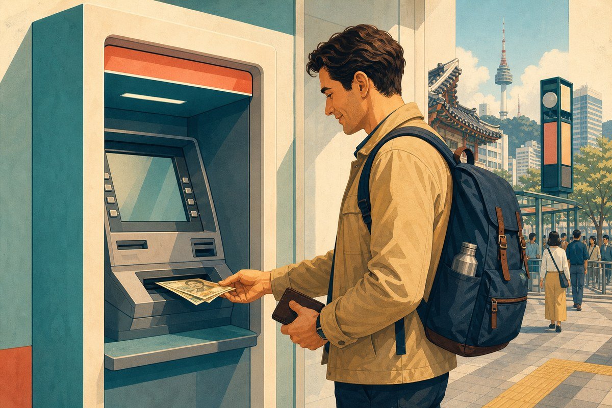 Traveler withdrawing Korean won from an ATM in Seoul