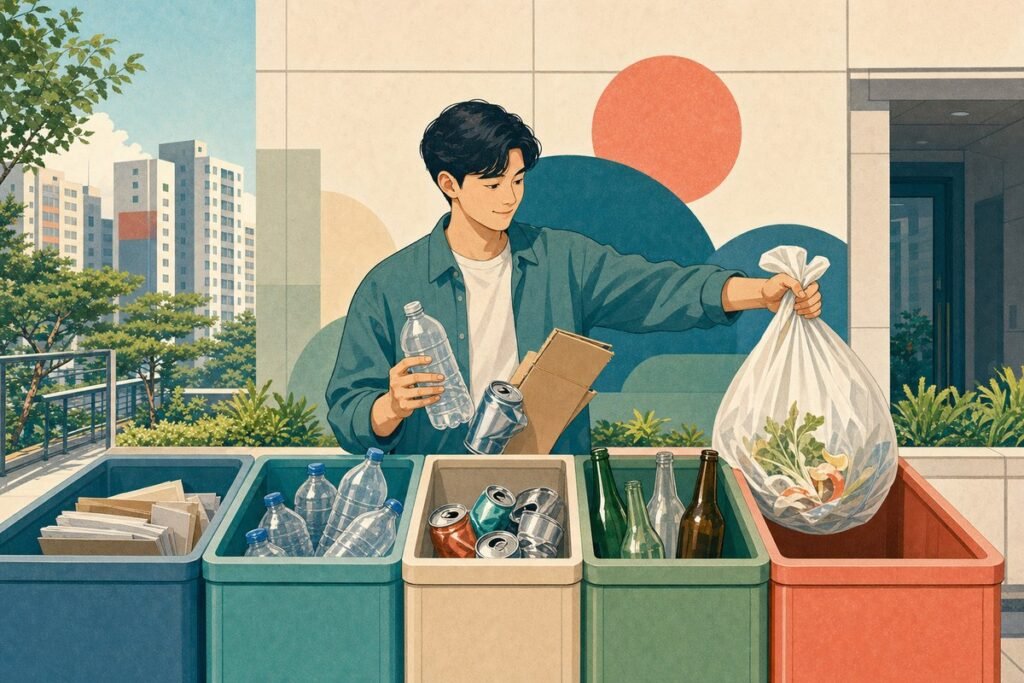 Resident sorting bottles, cans, cardboard, and household waste at a Korean apartment