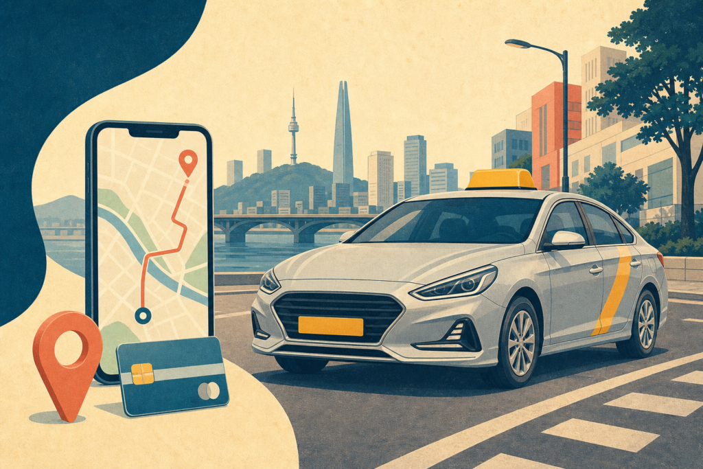 Illustration of a taxi in Seoul with a ride-hailing map, location pin, and credit card