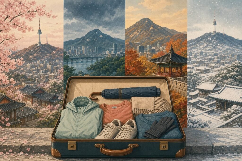 Open suitcase packed for Korea against spring, summer rain, autumn, and winter scenery