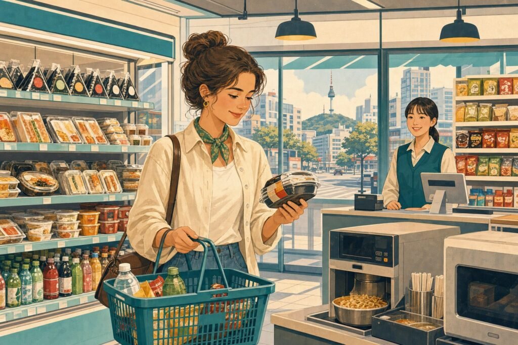 International traveler shopping for meals and drinks in a modern Korean convenience store