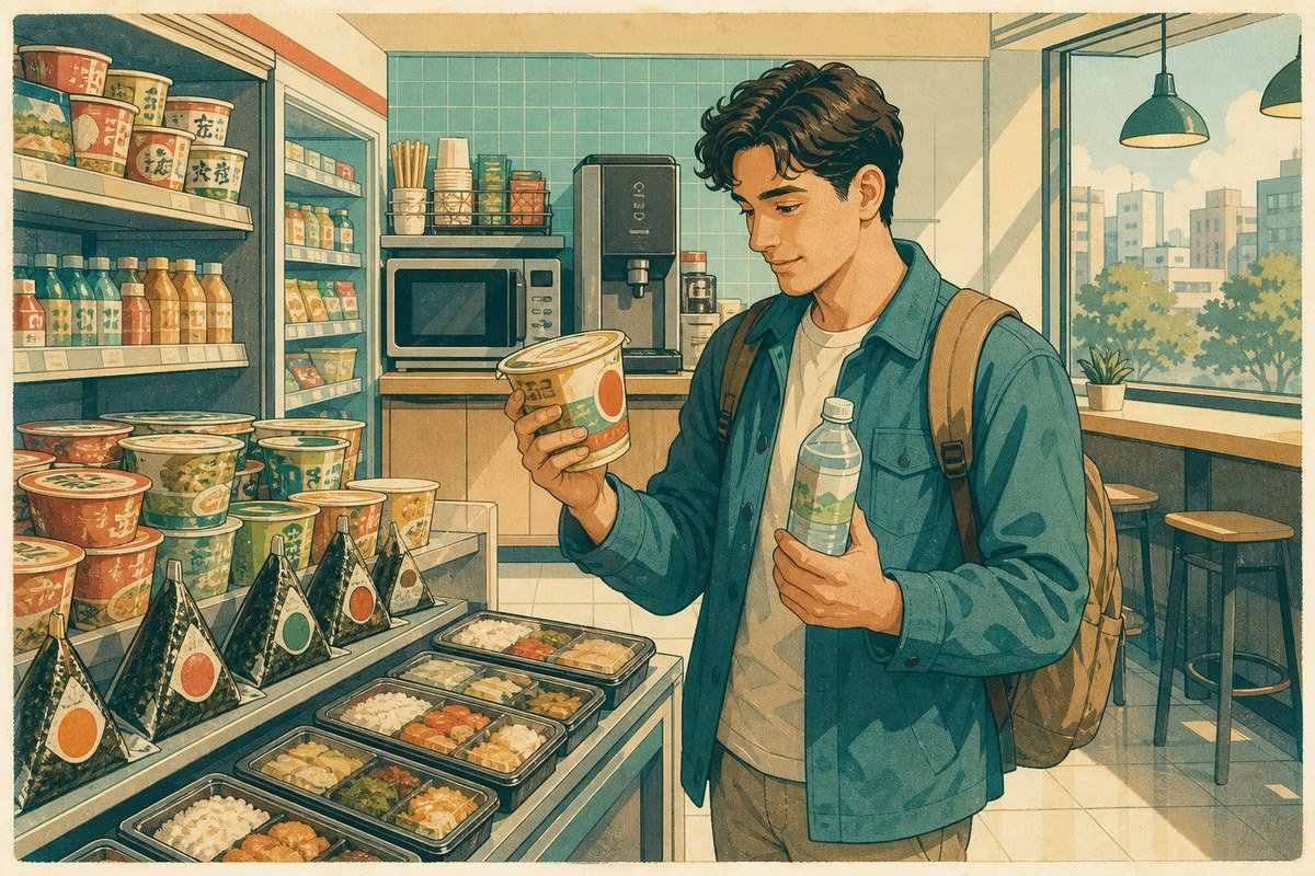 Traveler choosing a quick meal inside a Korean convenience store
