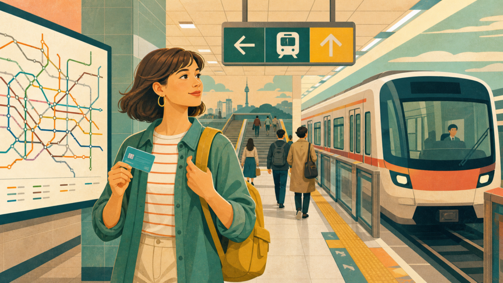 International traveler holding a transit card on a Seoul subway platform beside a train and route map