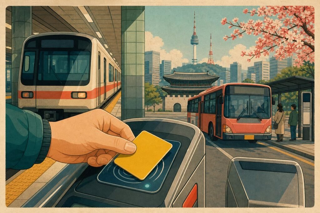 Traveler tapping a yellow T-money transportation card at a Seoul subway gate